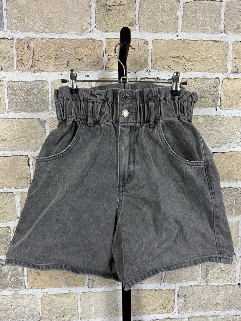 VERVET High Rise Paperbag Waist Denim Shorts Washed Black Medium